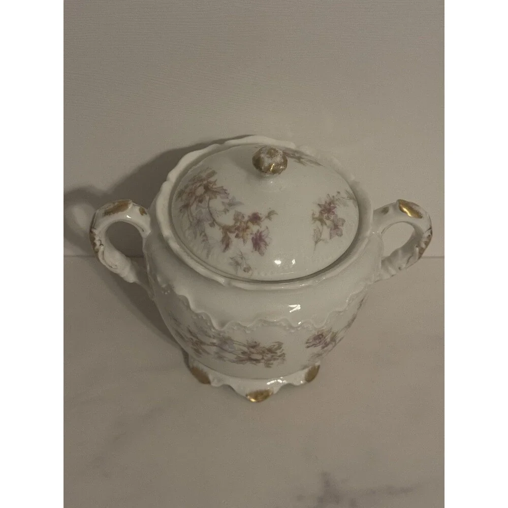 Vintage Antique Haviland Limoges Sugar Bowl with Lid Floral Gold France Pink Blu